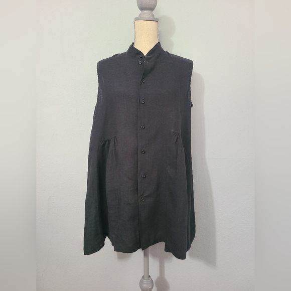 Eskandar Linen Sleeveless Bound Neck‎ Shirt Dres with Full Pleated Panels Size 0